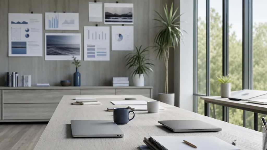 Editorial photograph of an empty modern marketing studio in a Virginia Beach office with driftwood grey timber, wide glass and cool Atlantic morning light, a widescreen monitor showing a blank reporting view, a keyboard and a mug on a wooden desk, no people and no signage
