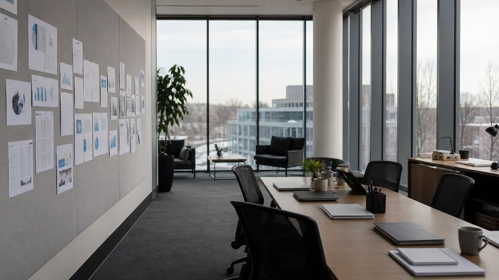 Editorial photograph of an empty modern marketing studio in a Stamford tower office with charcoal carpet, floor-to-ceiling glass and pale winter light, a widescreen monitor showing a blank reporting view, a keyboard and a mug on a wooden desk, no people and no signage