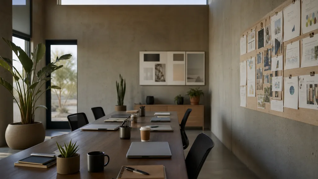 Editorial photograph of an empty modern marketing studio in a Mesa office with warm concrete, clerestory windows and flat bright Arizona light, a widescreen monitor showing a blank reporting view, a keyboard and a mug on a wooden desk, no people and no signage