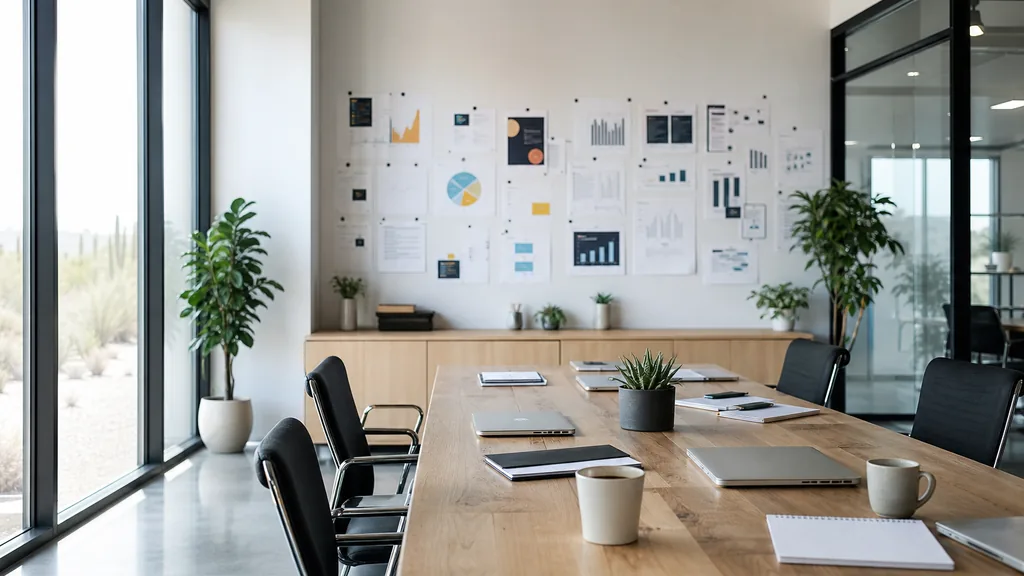 Editorial photograph of an empty modern marketing studio in a Chandler office with light oak, white walls, tall glass and clean high-desert daylight, a widescreen monitor showing a blank reporting view, a keyboard and a mug on a wooden desk, no people and no signage