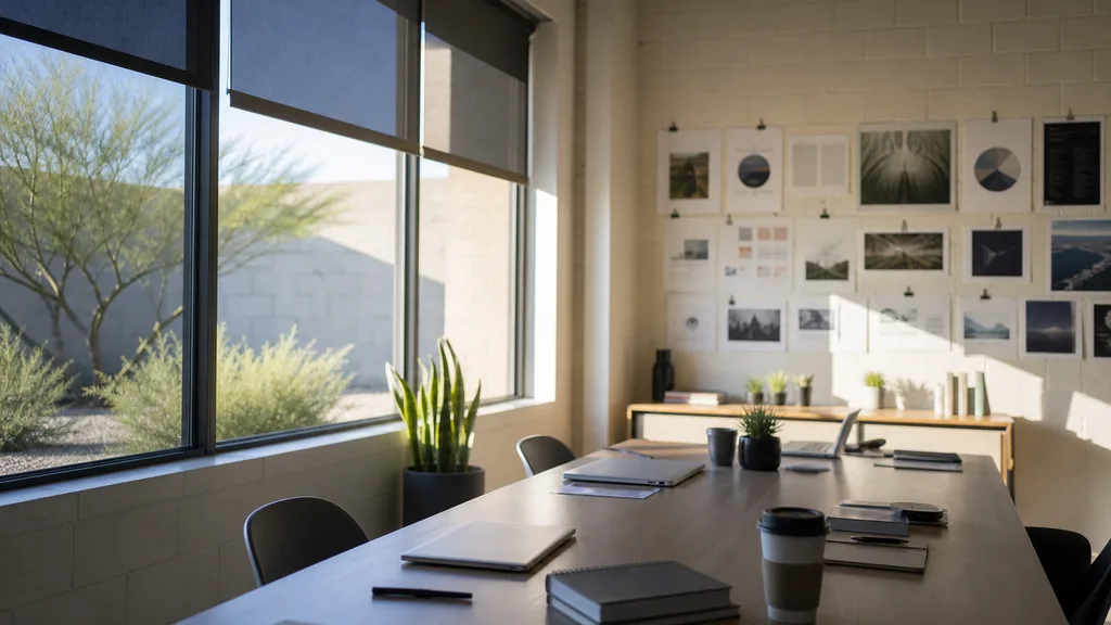 Editorial photograph of an empty modern marketing studio in a Glendale Arizona office with pale block walls, deep shade canopies and hard west valley sun, a widescreen monitor showing a blank reporting view, a keyboard and a mug on a wooden desk, no people and no signage