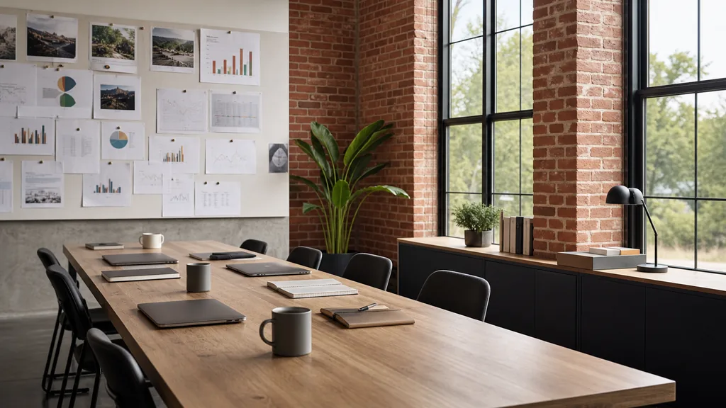 Editorial photograph of an empty modern marketing studio in a Garland Texas office with red brick, steel windows and flat bright north Texas light, a widescreen monitor showing a blank reporting view, a keyboard and a mug on a wooden desk, no people and no signage