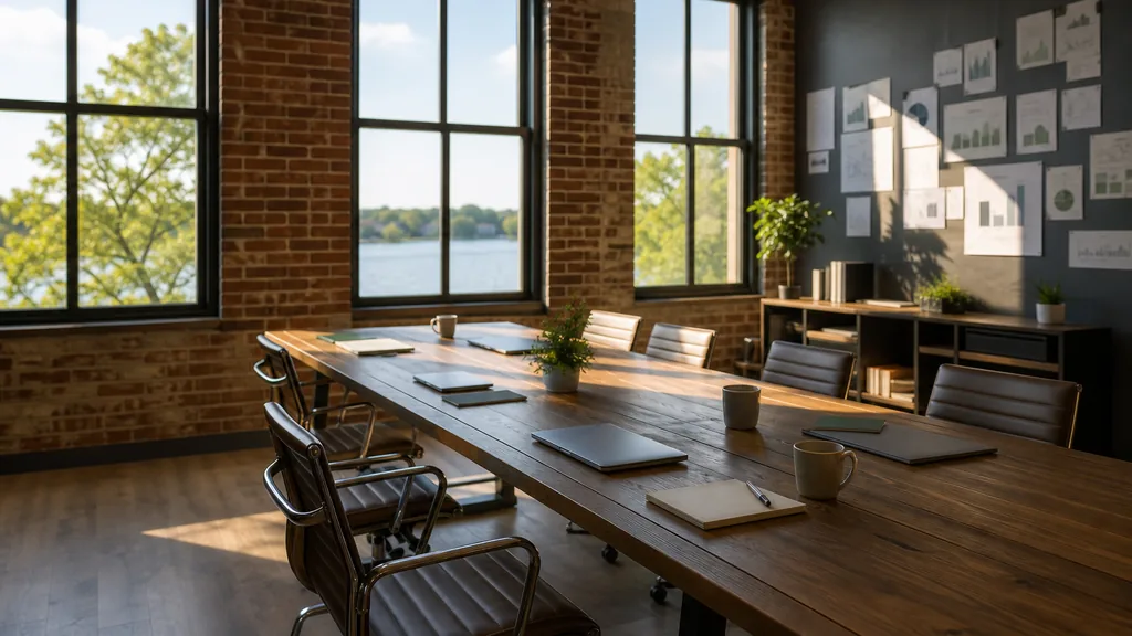 Editorial photograph of an empty modern marketing studio in a Little Rock office with warm brick, tall sash windows, river greenery outside and soft southern light, a widescreen monitor showing a blank reporting view, a keyboard and a mug on a wooden desk, no people and no signage
