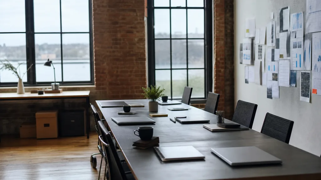 Editorial photograph of an empty modern marketing studio in a Bridgeport Connecticut office in a converted brick mill with black steel windows and cool coastal light, a widescreen monitor showing a blank reporting view, a keyboard and a mug on a wooden desk, no people and no signage