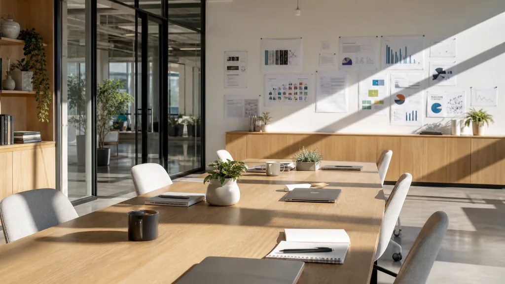 Editorial photograph of an empty modern marketing studio in a Frisco office with white walls, blond wood, glass partitions and hard north Texas sun, a widescreen monitor showing a blank reporting view, a keyboard and a mug on a wooden desk, no people and no signage