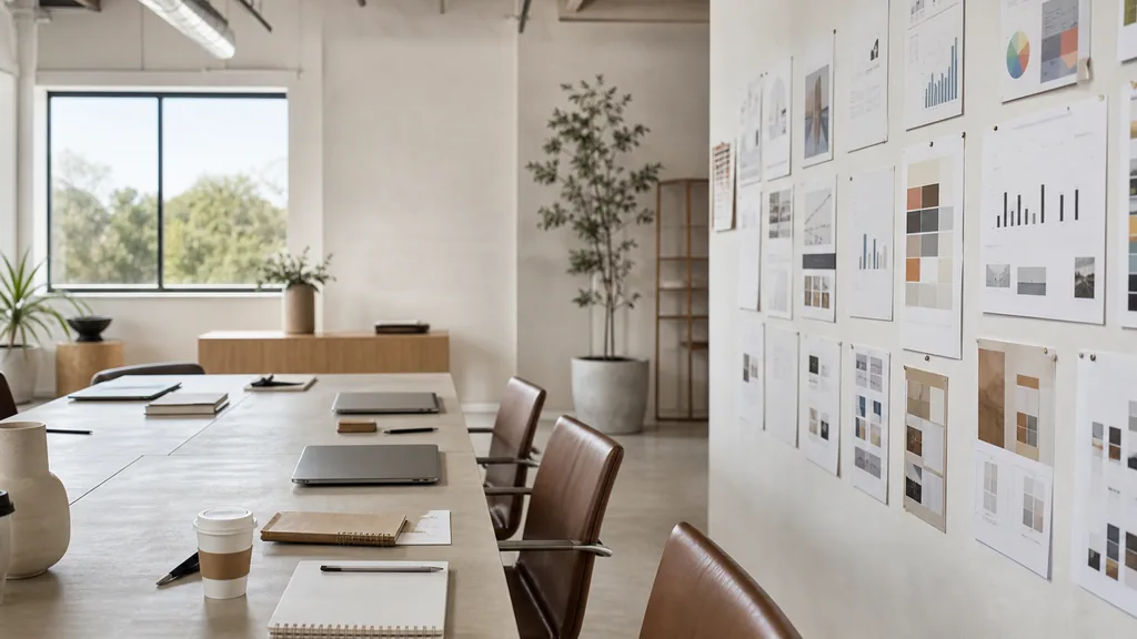 Editorial photograph of an empty modern marketing studio in a Garland Texas office with pale plaster, warehouse ceilings and bright flat Texas daylight, a widescreen monitor showing a blank reporting view, a keyboard and a mug on a wooden desk, no people and no signage