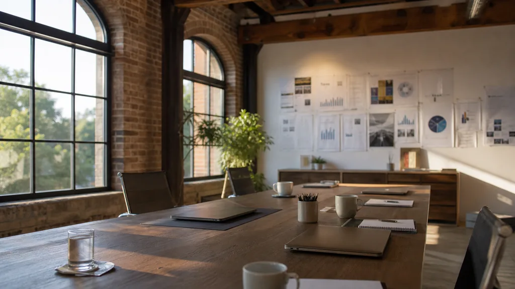 Editorial photograph of an empty modern marketing studio in a Little Rock office with dark timber beams, brick and warm afternoon Arkansas light, a widescreen monitor showing a blank reporting view, a keyboard and a mug on a wooden desk, no people and no signage