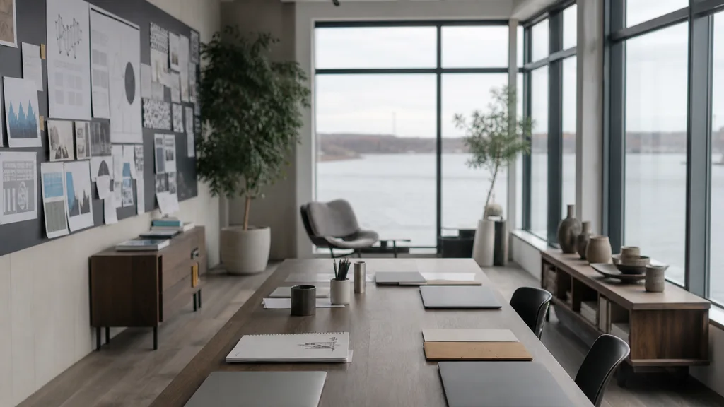 Editorial photograph of an empty modern marketing studio in a Bridgeport Connecticut waterfront office with grey timber, wide glass and pale New England daylight, a widescreen monitor showing a blank reporting view, a keyboard and a mug on a wooden desk, no people and no signage
