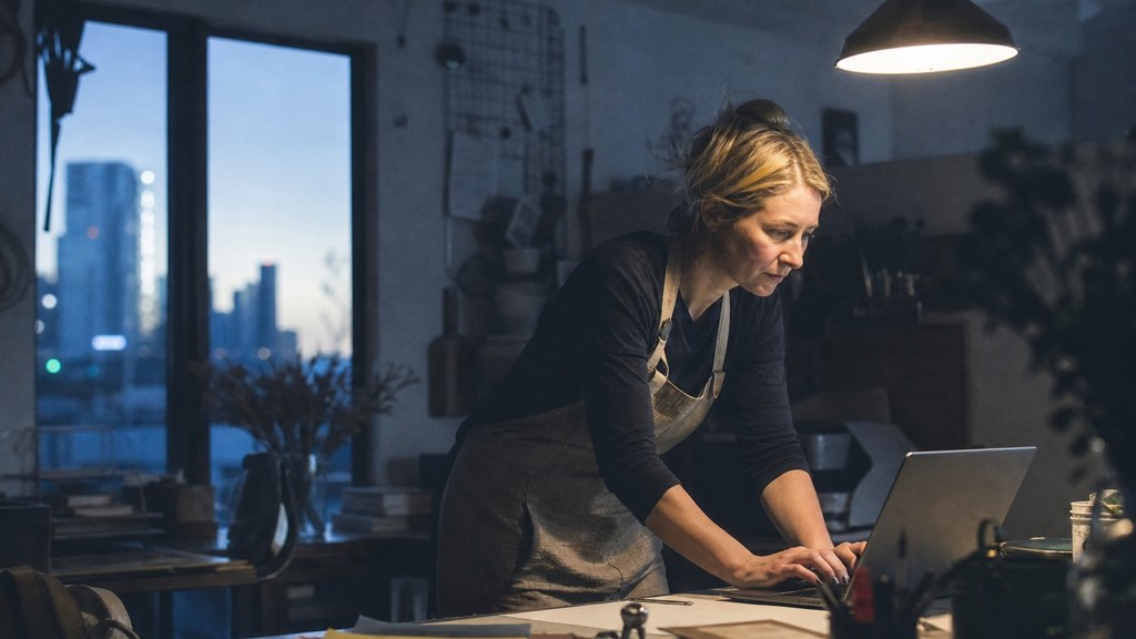 A small-business owner in an apron leaning over a laptop on a cluttered back-office desk late in the day, photographed in Brisbane
