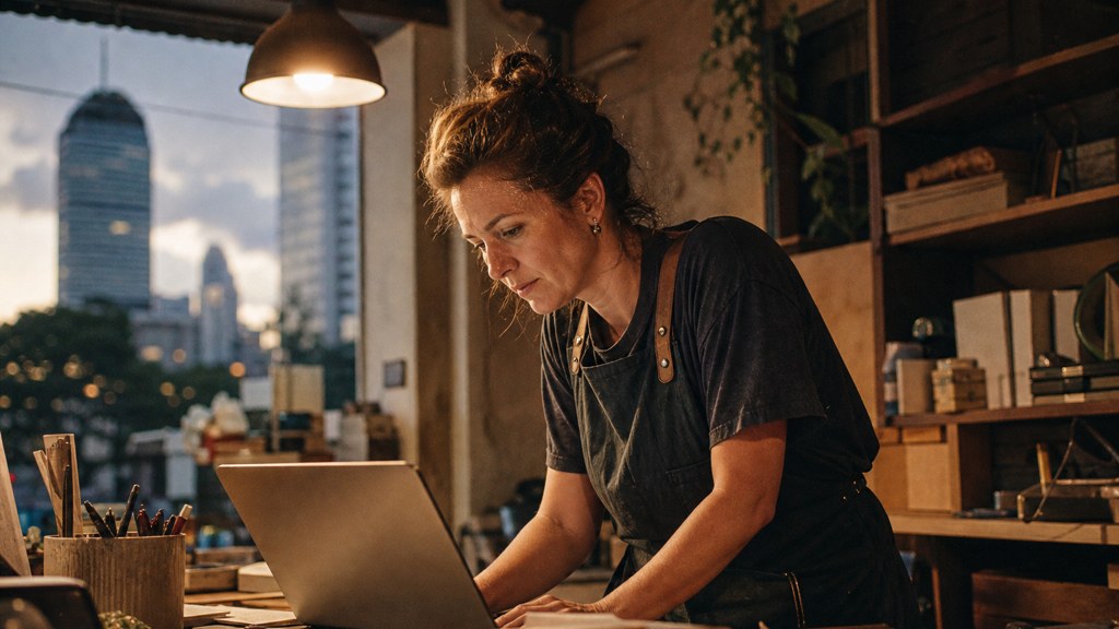 A small-business owner in an apron leaning over a laptop on a cluttered back-office desk late in the day, photographed in Brisbane