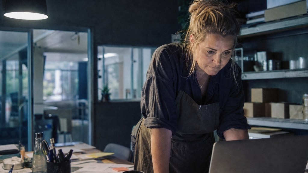 A small-business owner in an apron leaning over a laptop on a cluttered back-office desk late in the day, photographed in Brisbane