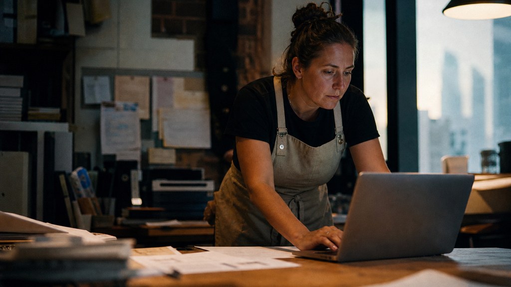 A small-business owner in an apron leaning over a laptop on a cluttered back-office desk late in the day, photographed in Brisbane