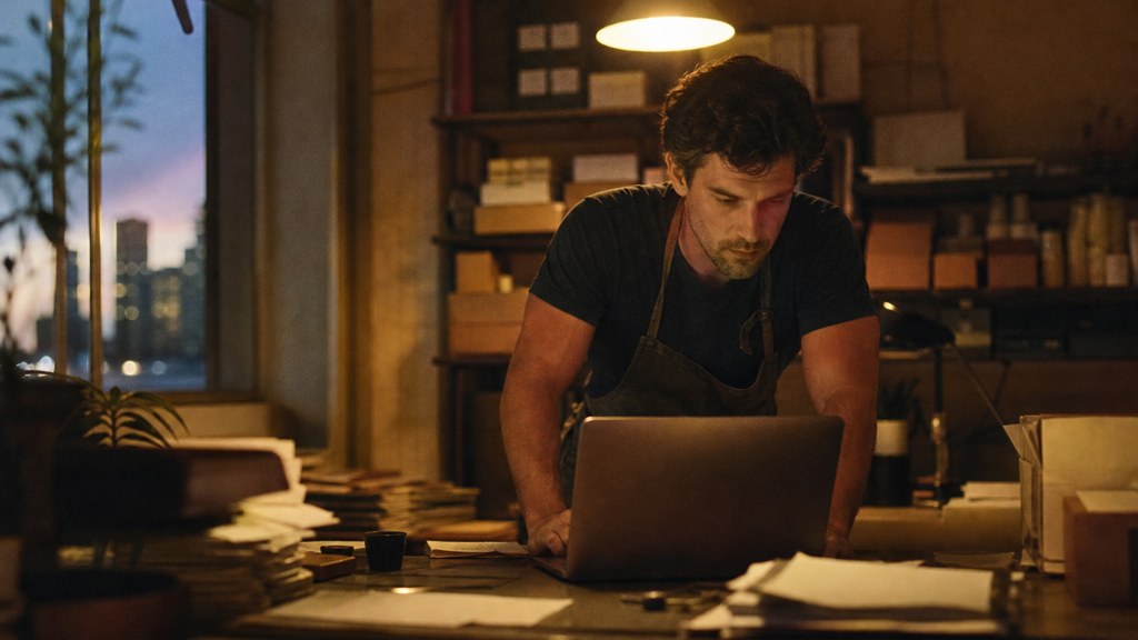 A small-business owner in an apron leaning over a laptop on a cluttered back-office desk late in the day, photographed in Brisbane