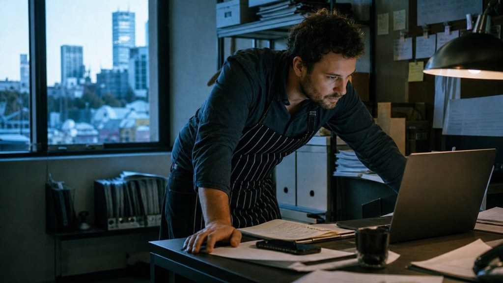 A small-business owner in an apron leaning over a laptop on a cluttered back-office desk late in the day, photographed in Brisbane