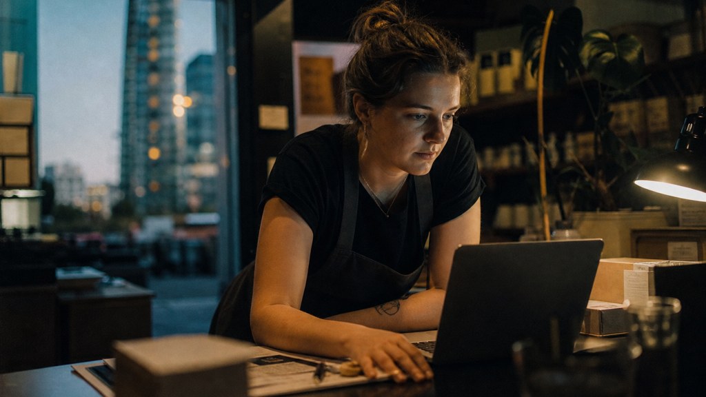 A small-business owner in an apron leaning over a laptop on a cluttered back-office desk late in the day, photographed in Brisbane