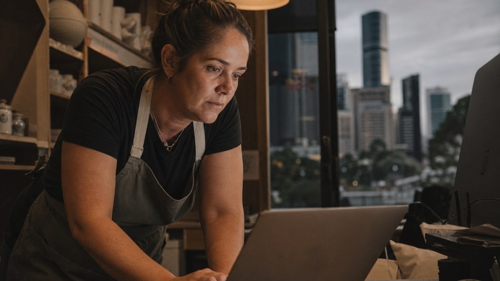 A small-business owner in an apron leaning over a laptop on a cluttered back-office desk late in the day, photographed in Brisbane