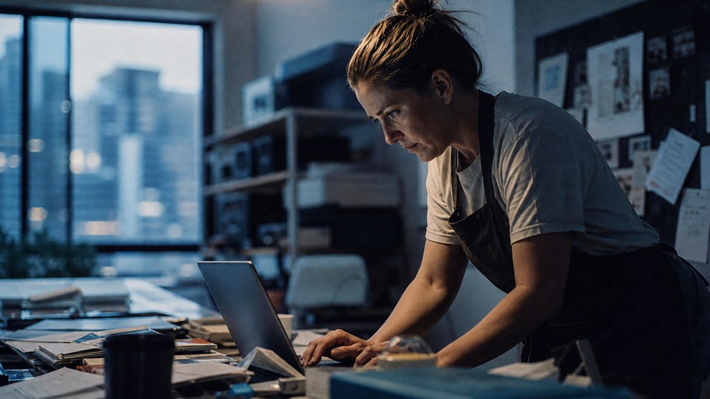 A small-business owner in an apron leaning over a laptop on a cluttered back-office desk late in the day, photographed in Brisbane