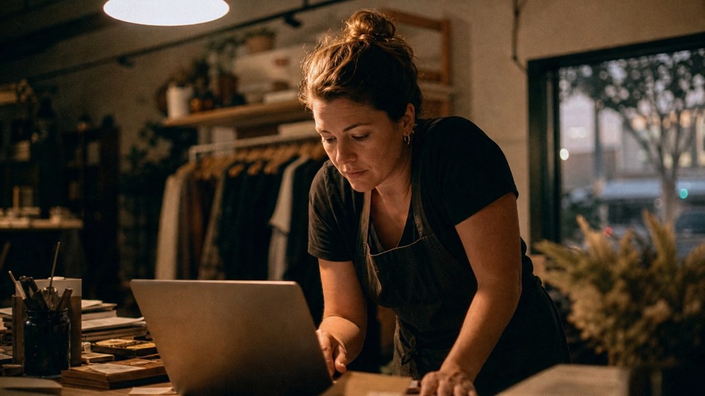 A small-business owner in an apron leaning over a laptop on a cluttered back-office desk late in the day, photographed in Brisbane