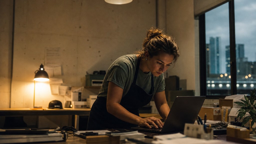 A small-business owner in an apron leaning over a laptop on a cluttered back-office desk late in the day, photographed in Brisbane