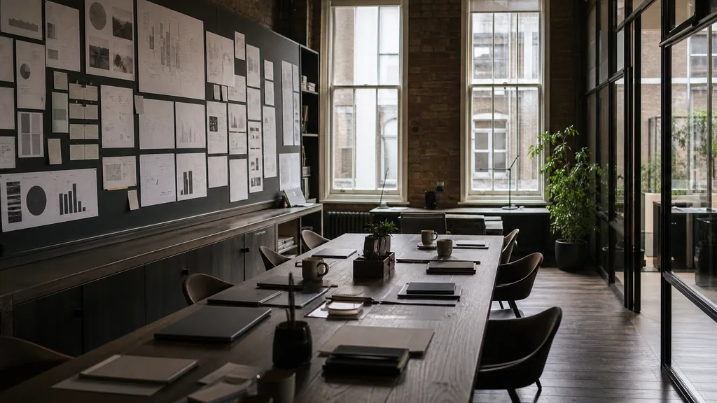 Editorial photograph of an empty modern marketing studio in a London office with dark timber, tall sash windows, brick walls and soft grey daylight, a widescreen monitor showing a blank reporting view, a keyboard and a mug on a wooden desk, no people and no signage
