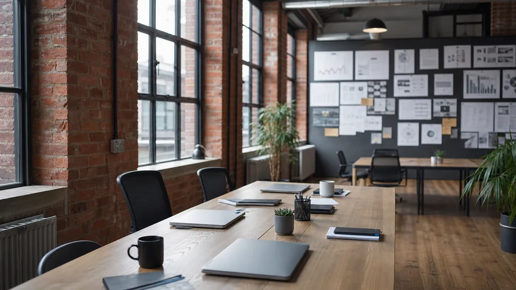 Editorial photograph of an empty modern marketing studio in a Manchester office in a converted red brick mill with black steel windows and cool northern light, a widescreen monitor showing a blank reporting view, a keyboard and a mug on a wooden desk, no people and no signage