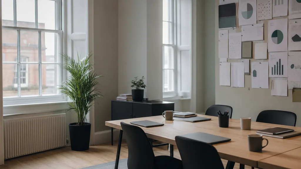 Editorial photograph of an empty modern marketing studio in a Dublin office with georgian sash windows, painted plaster and soft overcast Irish light, a widescreen monitor showing a blank reporting view, a keyboard and a mug on a wooden desk, no people and no signage