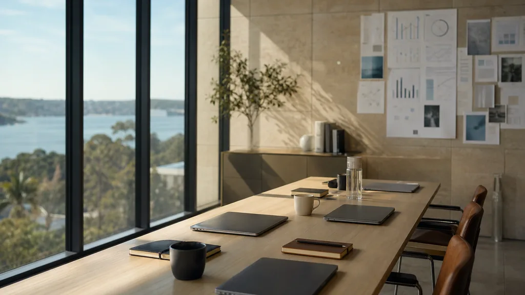 Editorial photograph of an empty modern marketing studio in a Sydney office with pale sandstone, wide glass, harbour greenery outside and bright clear light, a widescreen monitor showing a blank reporting view, a keyboard and a mug on a wooden desk, no people and no signage