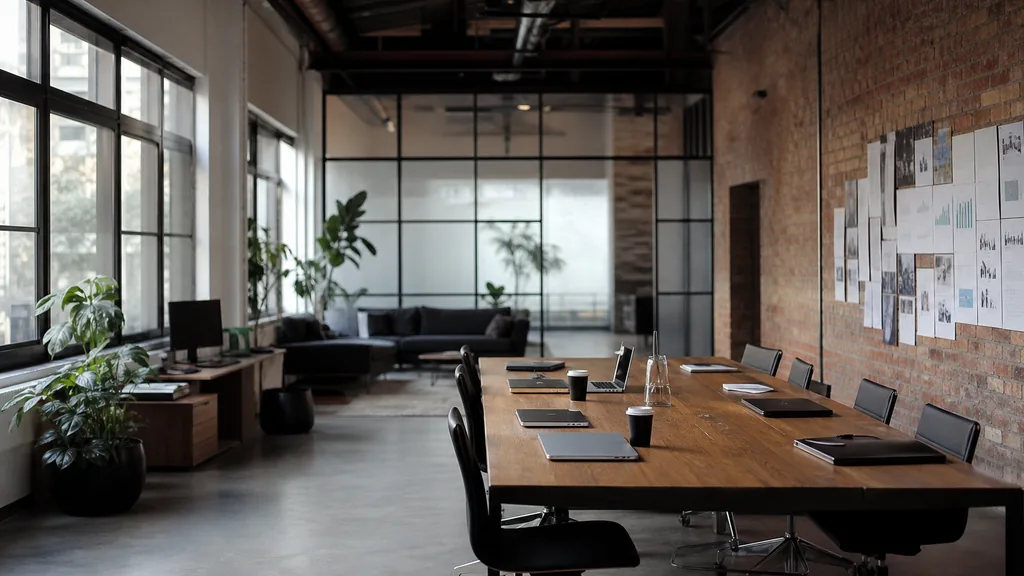 Editorial photograph of an empty modern marketing studio in a Melbourne office in a converted warehouse with exposed beams, laneway brick and cool southern light, a widescreen monitor showing a blank reporting view, a keyboard and a mug on a wooden desk, no people and no signage