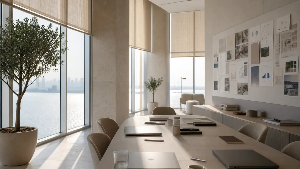 Editorial photograph of an empty modern marketing studio in a Dubai office with pale stone, tall glazing, warm filtered gulf sunlight and linen blinds, a widescreen monitor showing a blank reporting view, a keyboard and a mug on a wooden desk, no people and no signage