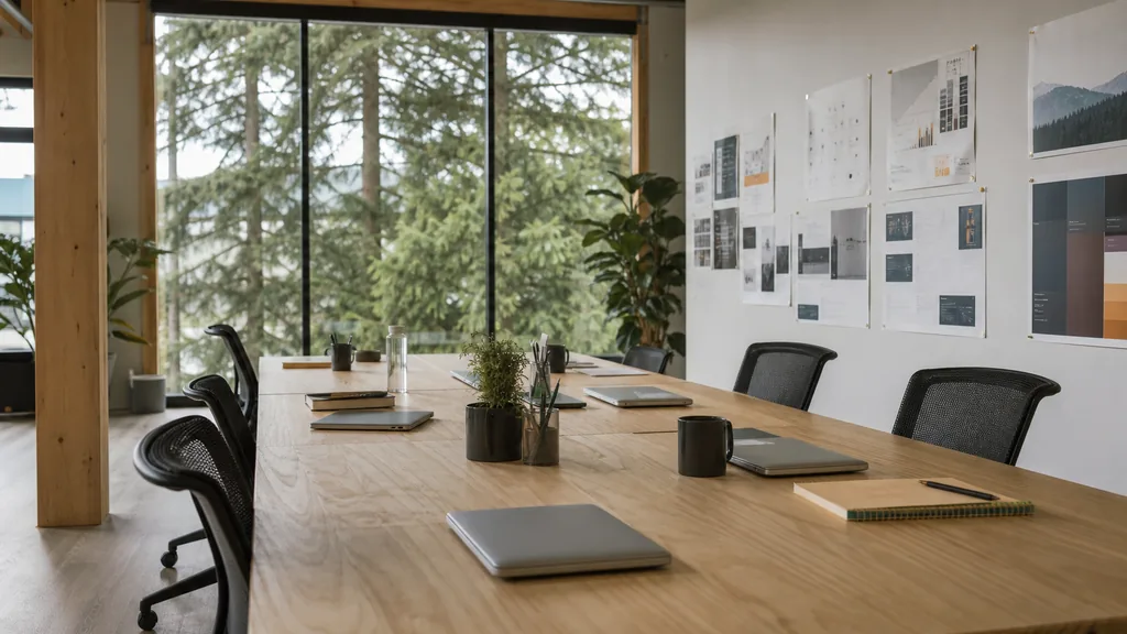 Editorial photograph of an empty modern marketing studio in a Vancouver office with light timber, wide glass, evergreen trees outside and soft pacific daylight, a widescreen monitor showing a blank reporting view, a keyboard and a mug on a wooden desk, no people and no signage