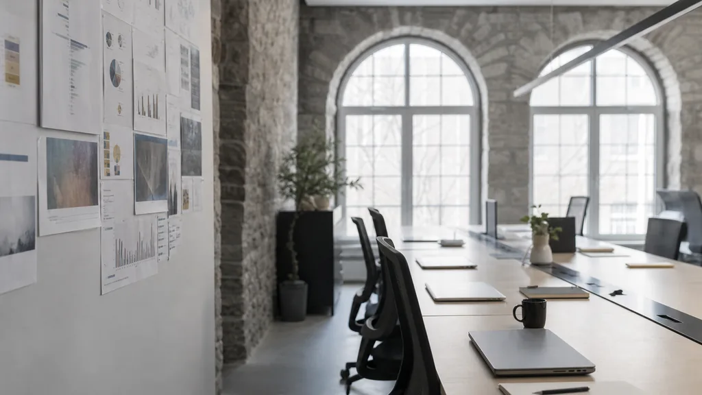 Editorial photograph of an empty modern marketing studio in a Montreal office in a converted stone building with arched windows and cool bright northern light, a widescreen monitor showing a blank reporting view, a keyboard and a mug on a wooden desk, no people and no signage