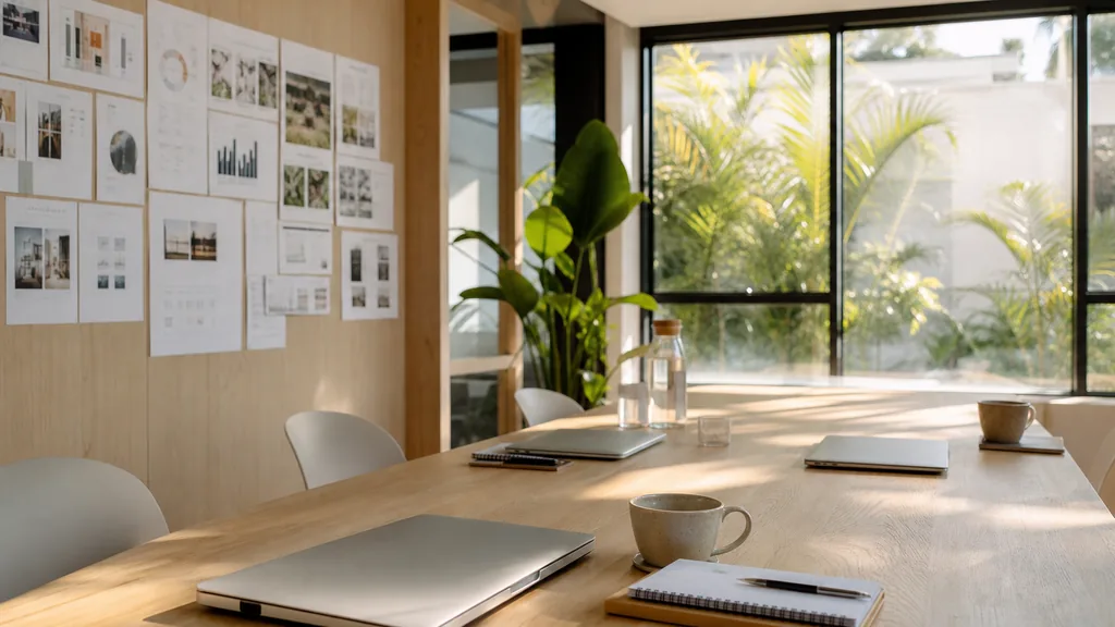 Editorial photograph of an empty modern marketing studio in a Brisbane office with pale timber, wide glass, subtropical greenery outside and bright warm daylight, a widescreen monitor showing a blank reporting view, a keyboard and a mug on a wooden desk, no people and no signage