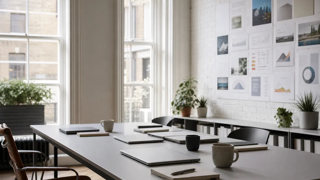 Editorial photograph of an empty modern marketing studio in a Bristol office in a converted Georgian building with tall sash windows, painted brick and soft grey daylight, a widescreen monitor showing a blank reporting view, a keyboard and a mug on a wooden desk, no people and no signage