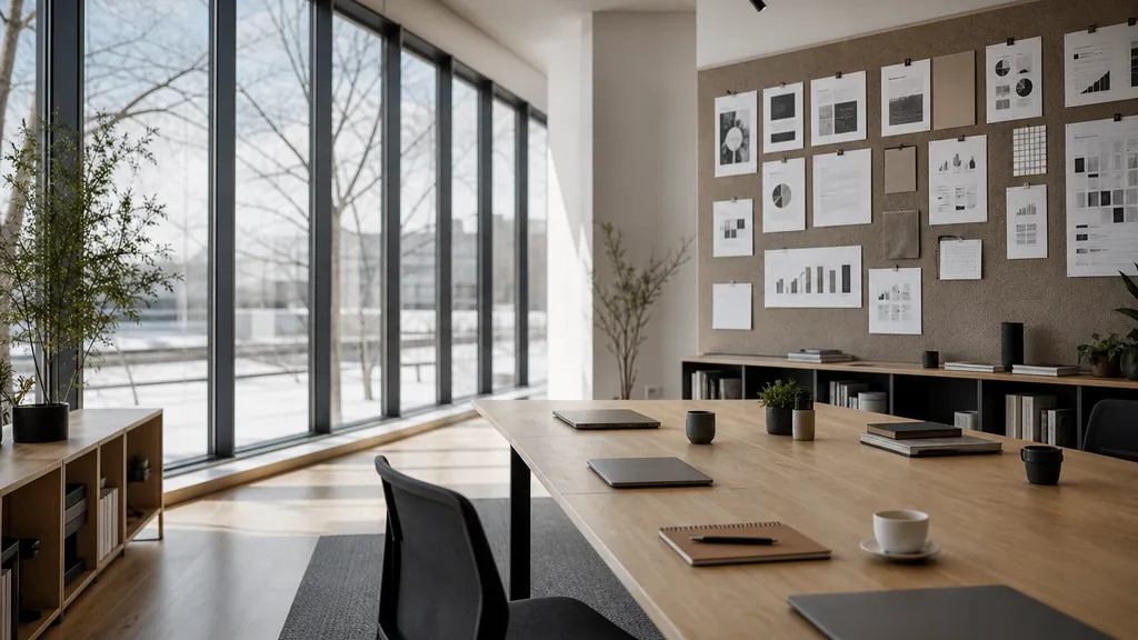 Editorial photograph of an empty modern marketing studio in an Edmonton office with pale wood, wide glass, bare winter trees outside and cool clear northern light, a widescreen monitor showing a blank reporting view, a keyboard and a mug on a wooden desk, no people and no signage