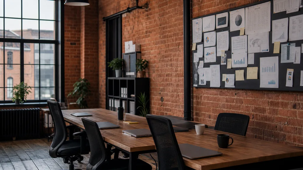 Editorial photograph of an empty modern marketing studio in a Liverpool office in a converted red brick warehouse with black steel windows and cool overcast light, a widescreen monitor showing a blank reporting view, a keyboard and a mug on a wooden desk, no people and no signage