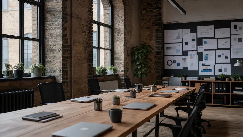 Editorial photograph of an empty modern marketing studio in a Leeds office in a converted stone mill with tall arched windows, exposed brick and cool northern light, a widescreen monitor showing a blank reporting view, a keyboard and a mug on a wooden desk, no people and no signage