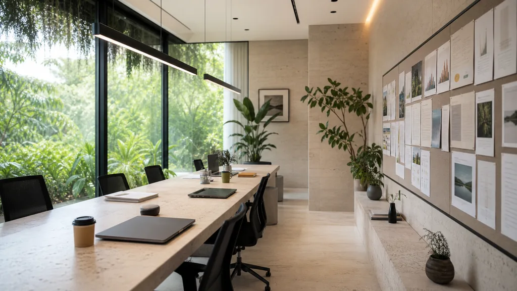 Editorial photograph of an empty modern marketing studio in a Singapore office with pale stone, floor to ceiling glazing, tropical greenery outside and bright filtered light, a widescreen monitor showing a blank reporting view, a keyboard and a mug on a wooden desk, no people and no signage