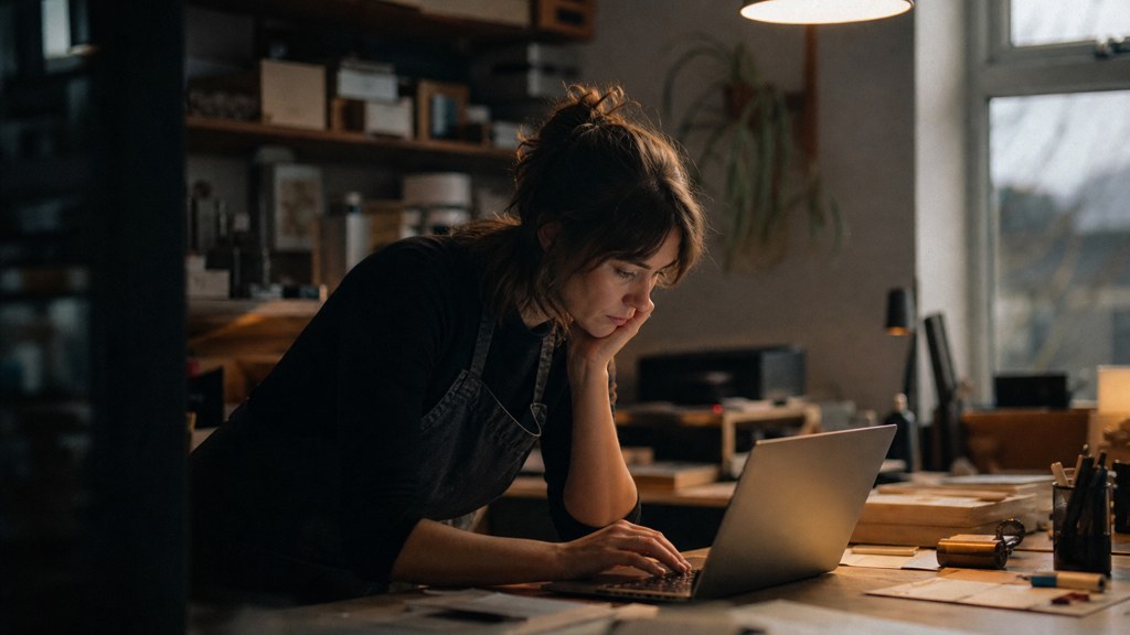 A small-business owner in an apron leaning over a laptop on a cluttered back-office desk late in the day, photographed in Bristol