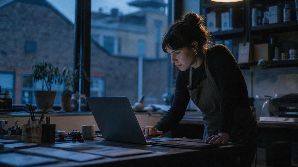 A small-business owner in an apron leaning over a laptop on a cluttered back-office desk late in the day, photographed in Bristol