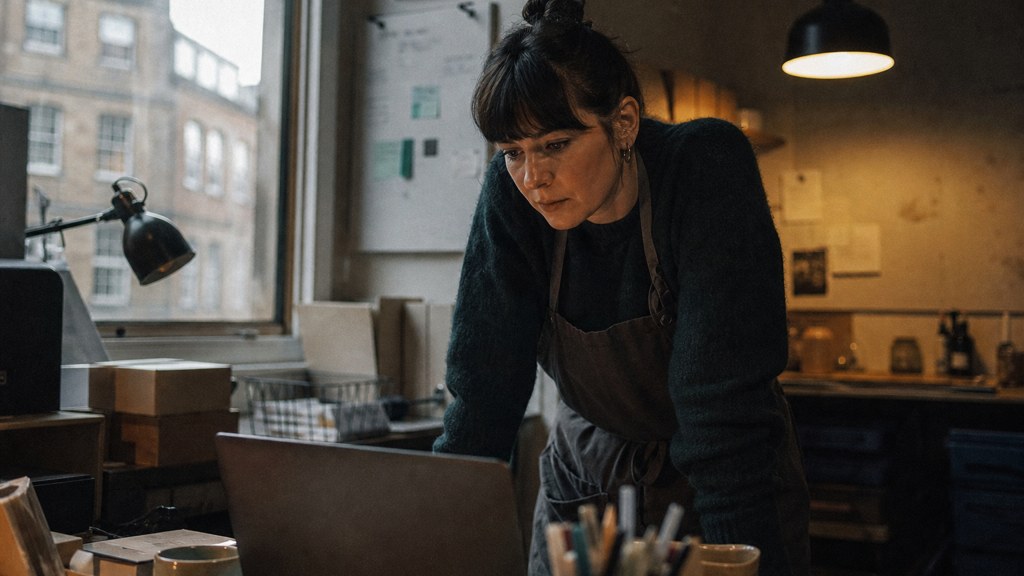 A small-business owner in an apron leaning over a laptop on a cluttered back-office desk late in the day, photographed in Bristol