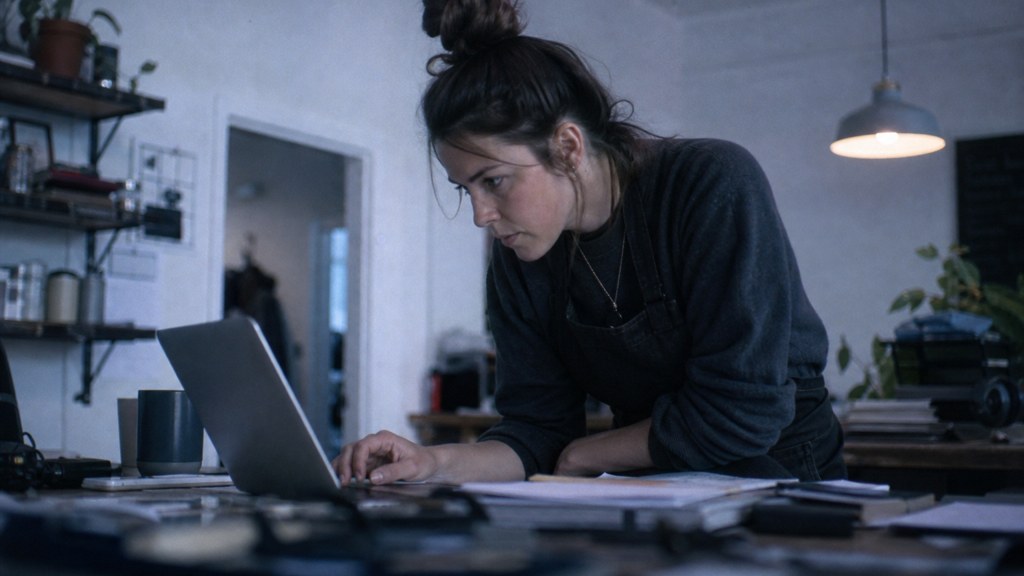 A small-business owner in an apron leaning over a laptop on a cluttered back-office desk late in the day, photographed in Bristol