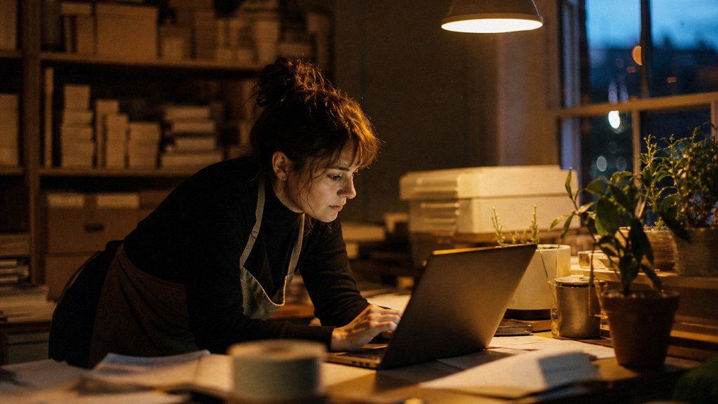 A small-business owner in an apron leaning over a laptop on a cluttered back-office desk late in the day, photographed in Bristol