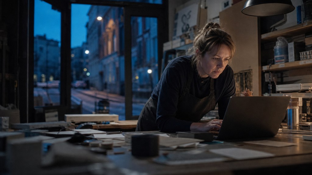 A small-business owner in an apron leaning over a laptop on a cluttered back-office desk late in the day, photographed in Bristol