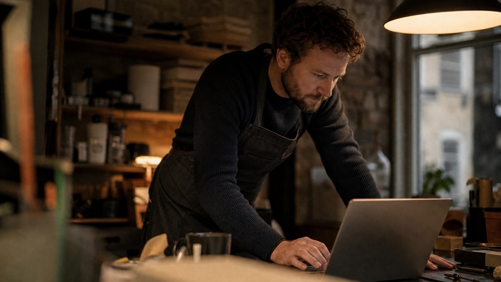 A small-business owner in an apron leaning over a laptop on a cluttered back-office desk late in the day, photographed in Bristol