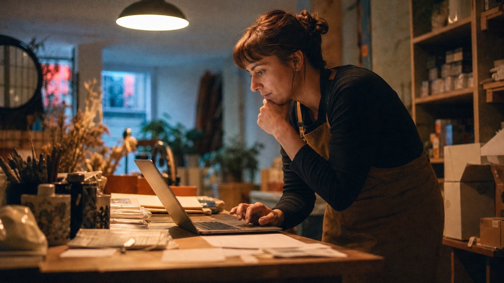A small-business owner in an apron leaning over a laptop on a cluttered back-office desk late in the day, photographed in Bristol