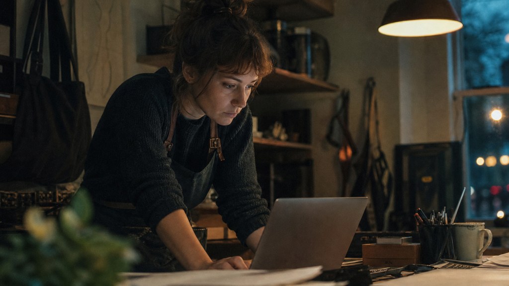 A small-business owner in an apron leaning over a laptop on a cluttered back-office desk late in the day, photographed in Bristol