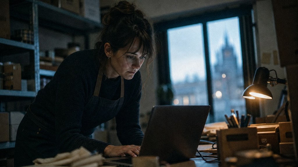 A small-business owner in an apron leaning over a laptop on a cluttered back-office desk late in the day, photographed in Bristol