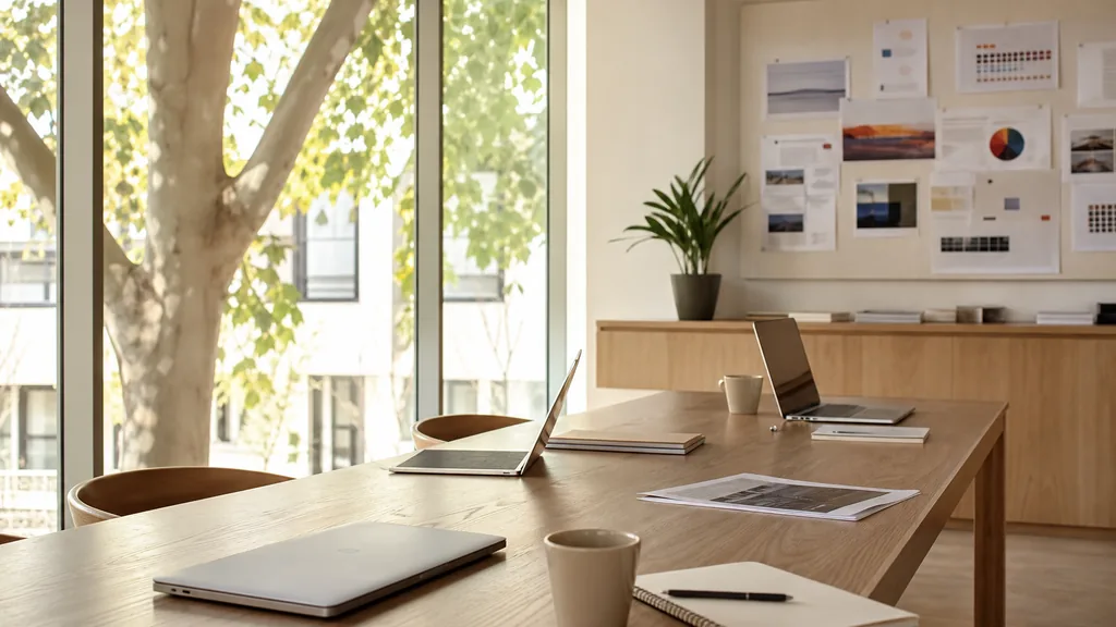 Editorial photograph of an empty modern marketing studio in a Melbourne office with pale timber, wide glass, plane trees outside and bright warm daylight, a widescreen monitor showing a blank reporting view, a keyboard and a mug on a wooden desk, no people and no signage