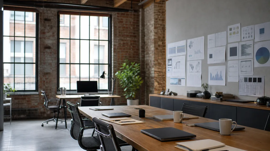 Editorial photograph of an empty modern marketing studio in a Montréal office in a converted brick warehouse with tall windows, exposed beams and soft cool daylight, a widescreen monitor showing a blank reporting view, a keyboard and a mug on a wooden desk, no people and no signage