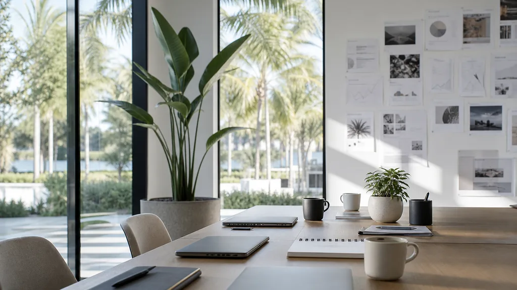 Editorial photograph of an empty modern marketing studio in an Orlando office with white walls, wide glass, palms outside and bright subtropical daylight, a widescreen monitor showing a blank reporting view, a keyboard and a mug on a wooden desk, no people and no signage